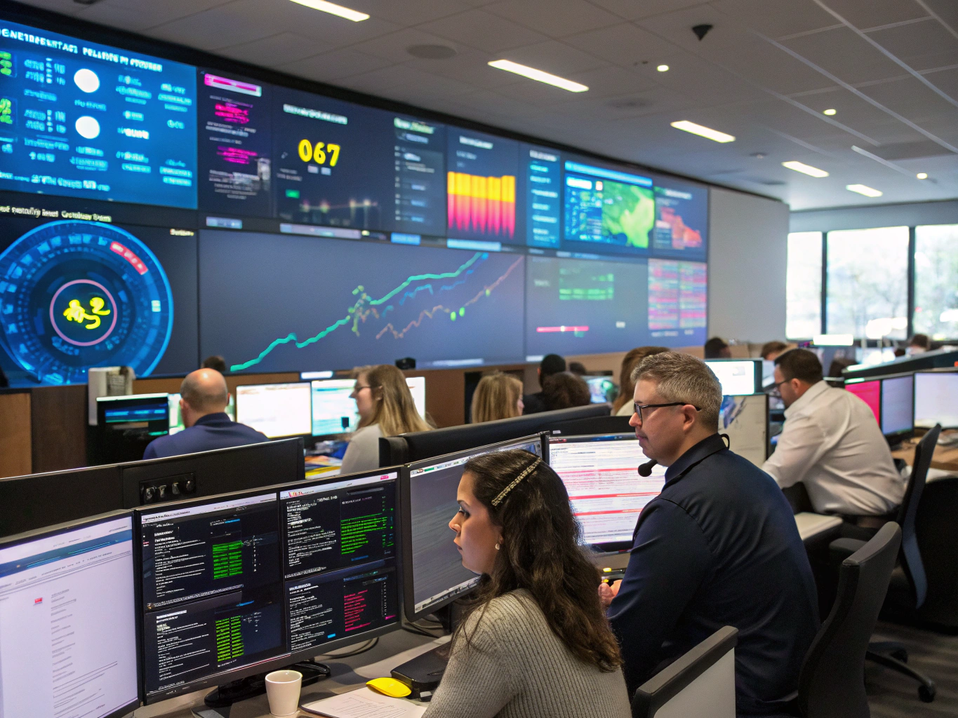 Pusat operasi contact center modern dengan analitik percakapan AI
