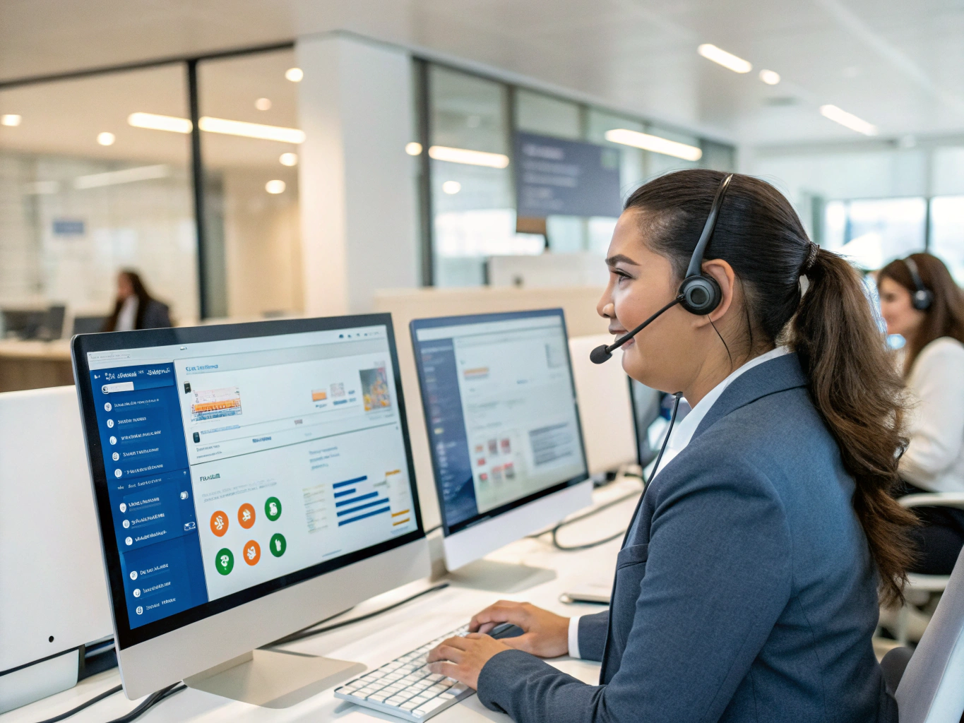 Agen inbound customer service profesional sedang melayani panggilan pelanggan di workstation modern